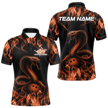 Maxcorners Custom Black And Orange Flame Cobra Snake Bowling Men Shirts, Bowling League Shirt LM2602