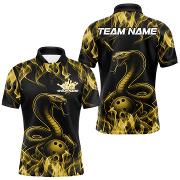 Maxcorners Custom Black And Yellow Flame Cobra Snake Bowling Men Shirts, Bowling League Shirt LM2602