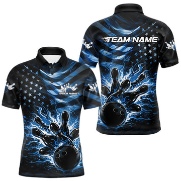 Maxcorners Custom Black And Blue Patriotic Fire Flame Men Bowling Shirt, US Flag Bowling Jerseys