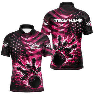 Maxcorners Custom Black And Pink Patriotic Fire Flame Men Bowling Shirt, US Flag Bowling Jerseys