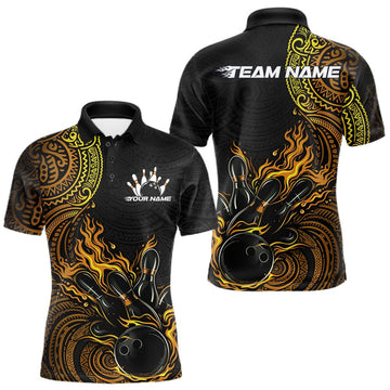 Maxcorners Custom Black And Yellow Tribal Flame Bowling Ball Bowling Team Shirts, Polynesian Bowling Tournament Shirt 8 LM1501