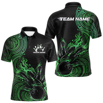 Maxcorners Custom Black And Green Tribal Flame Bowling Ball Bowling Team Shirts, Polynesian Bowling Tournament Shirt 7 LM1501