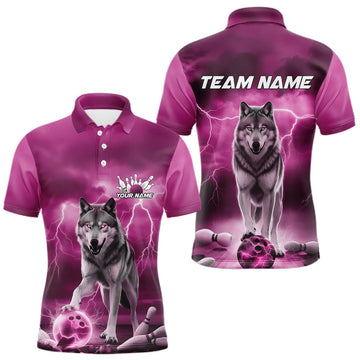 Maxcorners Custom Pink Ligtning Wolf Bowling Team League Shirts For Men, Bowler Outfits LM2602