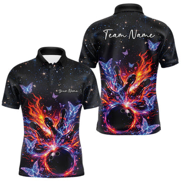 Maxcorners Custom Colorful Galaxy Butterfly Bowling Men Polo Shirt, Flame Bowling Team Jerseys