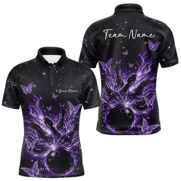 Maxcorners Custom Purple Galaxy Butterfly Bowling Men Polo Shirt, Flame Bowling Team Jerseys
