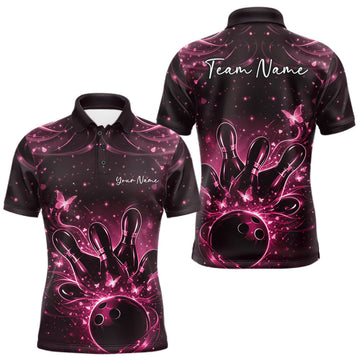 Maxcorners Custom Dreamy Pink Butterfly Men Bowling Polo Shirt, Bowling Team Outfit
