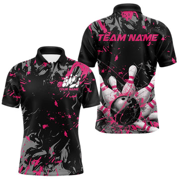 Maxcorners Custom Black And Pink Splatter Camo Bowling Team Polo Shirts For Men LM2602