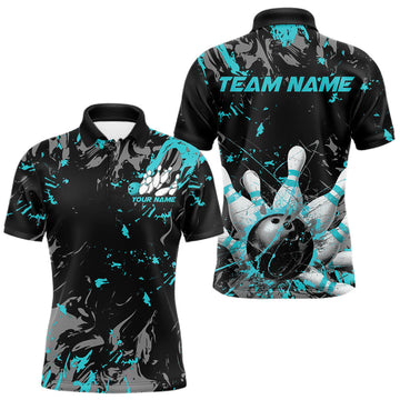 Maxcorners Custom Black And Turquoise Blue Splatter Camo Bowling Team Polo Shirts For Men LM2602