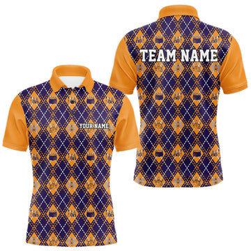 Maxcorners Custom Orange And Purple Halloween Bowling Argyle Pattern Bowling Team Men Polo Shirt