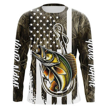 Maxcorners Lake Grass Camo US Flag Custom Walleye Patriotic Long Sleeve Fishing Shirts With Name LM0501