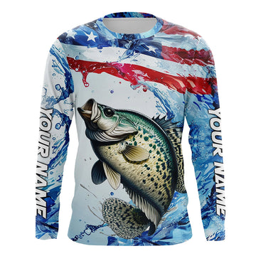 Maxcorners Personalized Patriotic Crappie Long Sleeve Fishing Shirts, American Flag Fishing Shirts LM0501