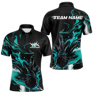 Maxcorners Custom Black And Turquoise Blue Camo Flame Bowling Team Men Polo Shirts, Bowling Jerseys LM1903