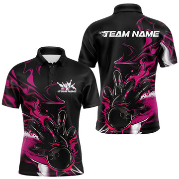Maxcorners Custom Black And Pink Camo Flame Bowling Team Polo Shirts For Men, Bowling Jerseys LM1903