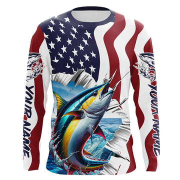 Maxcorners Personalized American Flag Tuna Long Sleeve Fishing Shirts, Patriotic Tuna Fishing Jerseys LM0501
