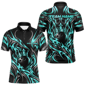 Maxcorners Custom Turquoise Blue Tribal Crown Bowling Team Men Polo Shirt, Bowling King Outfit LM2709