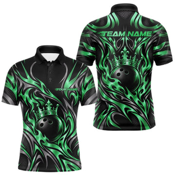 Maxcorners Custom Black And Green Tribal Crown Bowling Team Men Polo Shirt, Bowling King Outfit LM2709