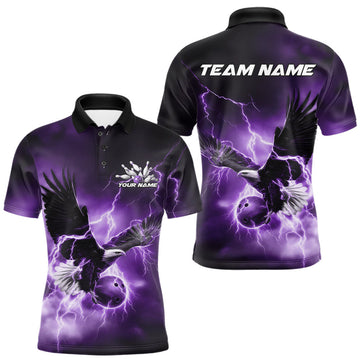 Maxcorners Custom Purple Thunder Lightning Eagle Bowling Men Polo Shirts, Eagle Bowling Team Jerseys LM2011