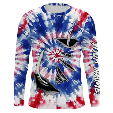 Maxcorners Custom Fish Hook American Flag Tie Dye Camo Long Sleeve Fishing Shirts, Patriotic Fishing Jersey LM0201