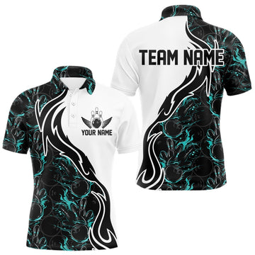 Maxcorners Custom Black And Turquoise Blue Flame Bowling Team Shirts, Men Bowling League Shirt LM2201