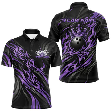 Maxcorners Black And Purple Tribal Custom Crown Bowling Team Men Polo Shirt, Bowler Gift LM2709