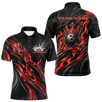Maxcorners Black And Red Tribal Custom Crown Bowling Team Men Polo Shirt, Bowler Gift LM2709