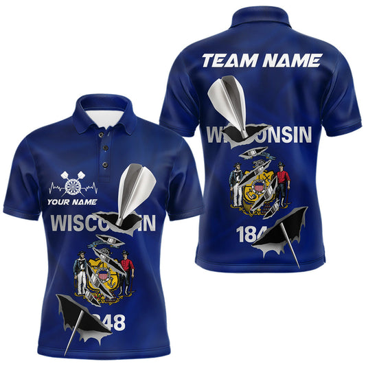Maxcorners Custom Wisconsin State Flag Silver Dart Steel Tip Dart Men Polo Shirt, Dart Team Jerseys