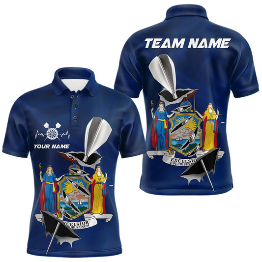 Maxcorners Custom New York State Flag Silver Dart Steel Tip Dart Men Polo Shirt, Dart Team Jerseys