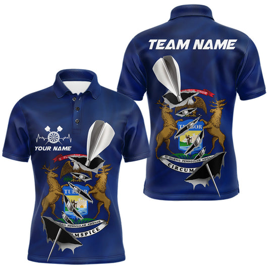 Maxcorners Custom Michigan State Flag Silver Dart Steel Tip Dart Men Polo Shirt, Dart Team Jerseys