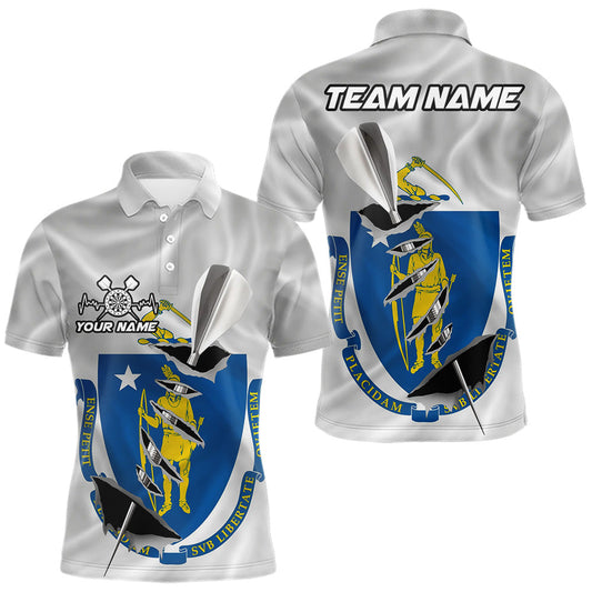 Maxcorners Custom Massachusetts State Flag Silver Dart Steel Tip Dart Men Polo Shirt, Dart Team Jerseys