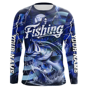 Maxcorners Blue Lightning American Flag Custom Bass Fishing Long Sleeve Shirts, Fish Reaper Fishing Jerseys LM0201