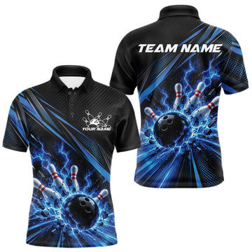 Maxcorners Custom Black And Blue Lightning Bowling Jerseys, Bowling Team League Men Polo Shirt LM2709