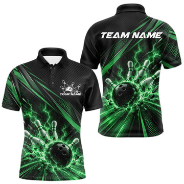 Maxcorners Custom Black And Green Lightning Bowling Jerseys, Bowling Team League Men Polo Shirt LM2709