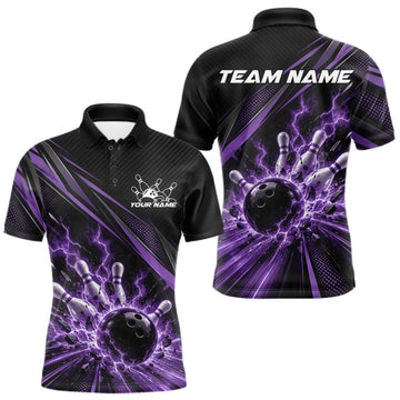 Maxcorners Custom Black And Purple Lightning Bowling Jerseys, Bowling Team League Men Polo Shirt LM2709