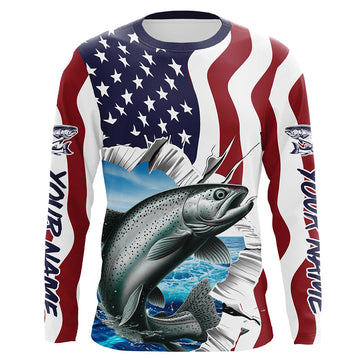 Maxcorners Custom American Flag Chinook Salmon Fishing Long Sleeve Shirts, Patriotic Salmon Fishing Jerseys LM0201