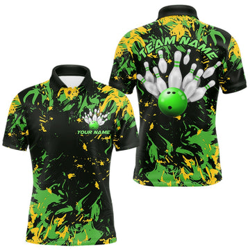 Maxcorners Custom Green And Yellow Camo Men Bowling League Shirt, Bowlers Jerseys Tournament Outfit LM2901