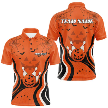 Maxcorners Custom Orange Jack O Lantern And Spider Web Halloween Bowling Men Polo Shirt LM0409