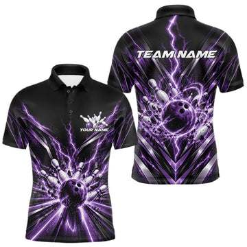 Maxcorners Custom Purple Lightning Bowling Team Jersey, Matching Bowling League Polo Shirt For Men LM2709