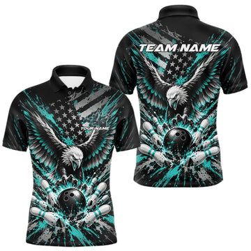 Maxcorners Custom Turquoise Blue Patriotic Eagle Bowling League Men Polo Shirt, Team Jersey LM2709