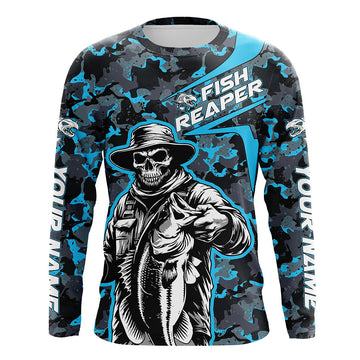Maxcorners Custom Fish Reaper Skull Bass Long Sleeve Fishing Shirt, Bass Hunter Blue Camo Fishing Jerseys LM0201