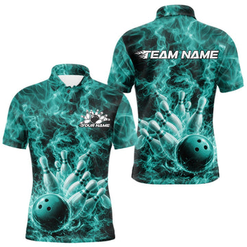Maxcorners Custom Turquoise Blue Fire Flame Bowling Men Polo Tournament Shirt, Team Bowling Jerseys LM2603