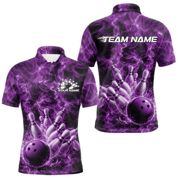 Maxcorners Custom Purple Fire Flame Bowling Men Polo Tournament Shirt, Team Bowling Jerseys LM2603