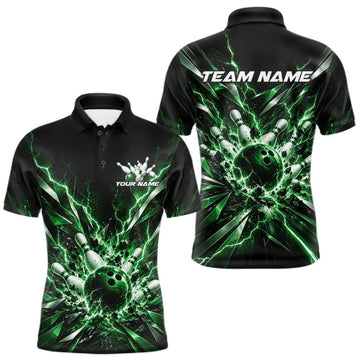 Maxcorners Custom Black And Green Lightning Bowling Tournament Jersey, Bowling Team Men Polo Shirt LM0410