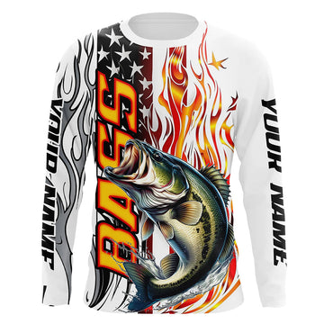 Maxcorners Flame American Flag Custom Bass Long Sleeve Fishing Shirts, Patriotic Bass Fishing Jerseys LM0201