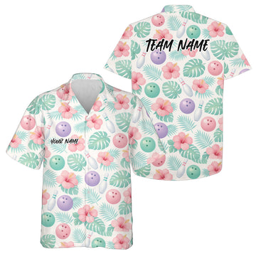 Maxcorners Custom Pastle Summer Tropical Leaves And Hibiscus Flower Hawaiian Bowling Team Shirts LM0503