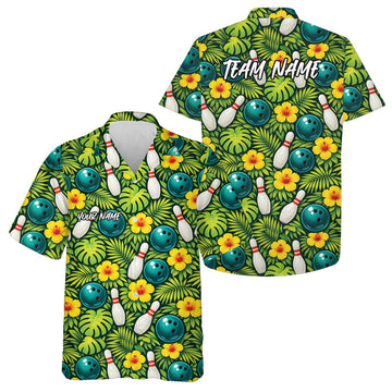 Maxcorners Custom Tropical Leaves And Hibiscus Flower Hawaiian Bowling Shirts For Men And Women LM0503