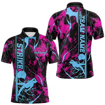 Maxcorners Custom Blue And Pink Strike Bowling Polo Team Shirts For Men, Strike Bowling Jersey