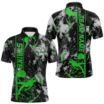 Maxcorners Custom Green And Gray Camo Strike Bowling Polo Team Shirts For Men, Strike Bowling Jersey