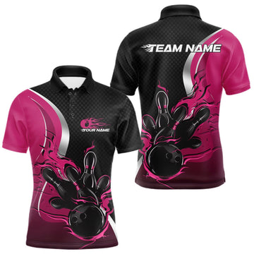 Maxcorners Custom Black And Pink Flame Bowling Team Jersey, Bowling Polo Shirt For Men LM0409