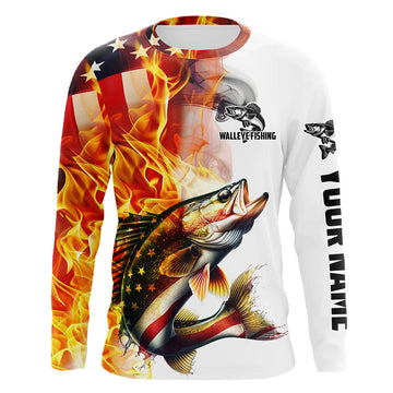 Maxcorners Flame American Flag Custom Walleye Fishing Shirts, Patriotic Walleye Long Sleeve Fishing Jerseys LM0501