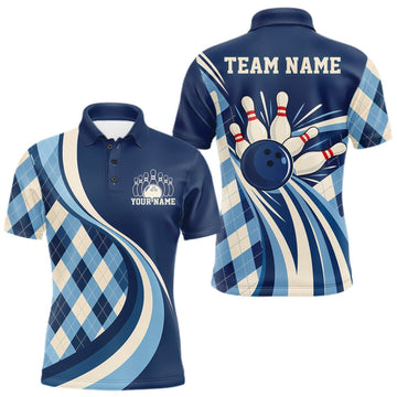 Maxcorners Custom Blue Argyle Pattern Retro Bowling Men Polo Shirt, Bowling Team League Shirt LM0410